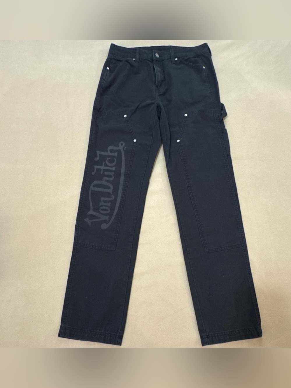 Von Dutch Black Double Knee Carpenter Pants with Logo back patch